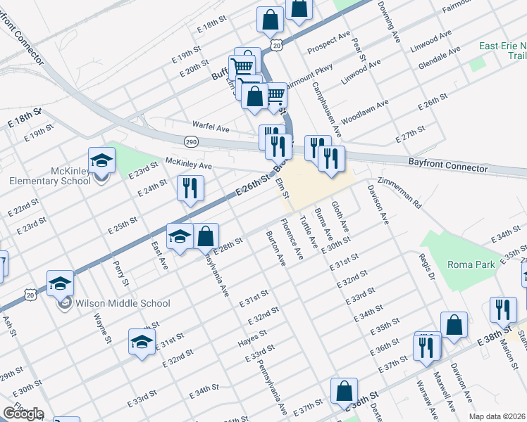 map of restaurants, bars, coffee shops, grocery stores, and more near 1249 E 27th St in Erie