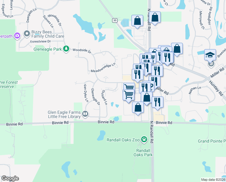 map of restaurants, bars, coffee shops, grocery stores, and more near 2114 Orchard Lane in Carpentersville