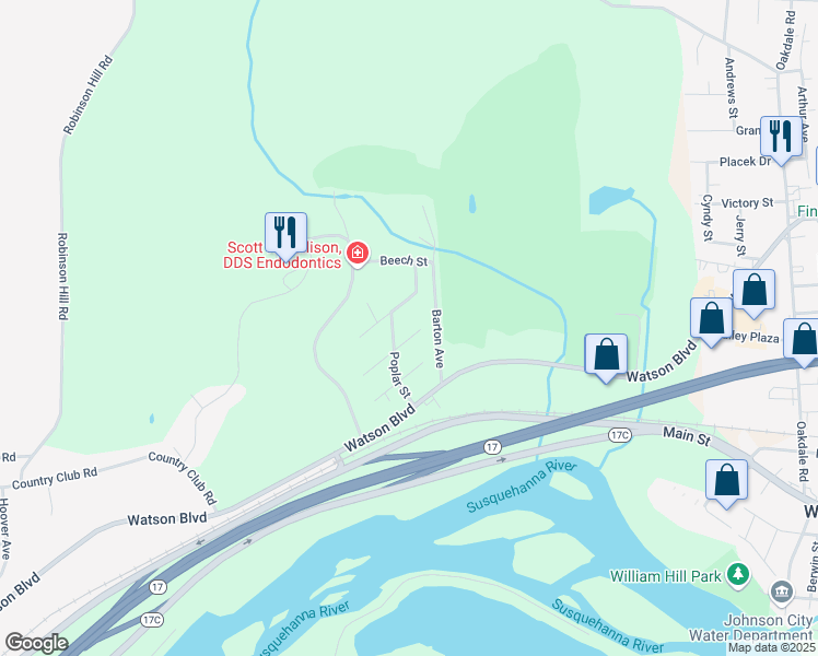 map of restaurants, bars, coffee shops, grocery stores, and more near 29 Woodland Avenue in Johnson City