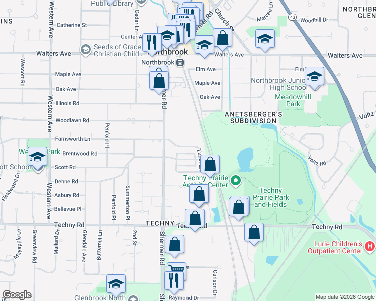 map of restaurants, bars, coffee shops, grocery stores, and more near 1927 Farnsworth Lane in Northbrook
