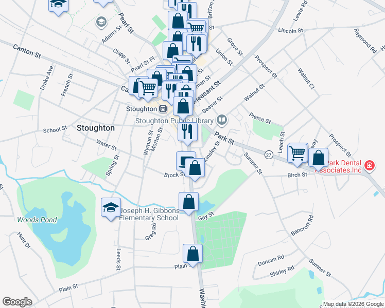 map of restaurants, bars, coffee shops, grocery stores, and more near 892 Washington Street in Stoughton