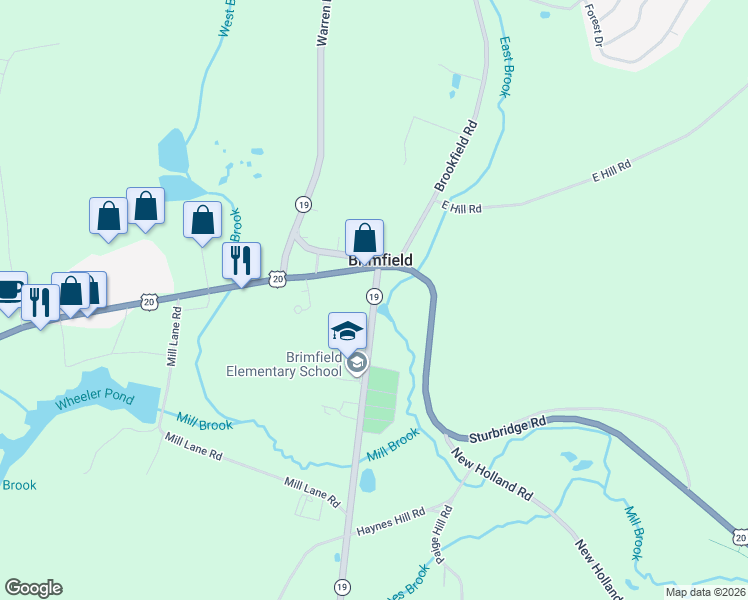 map of restaurants, bars, coffee shops, grocery stores, and more near 4 Wales Rd in Brimfield