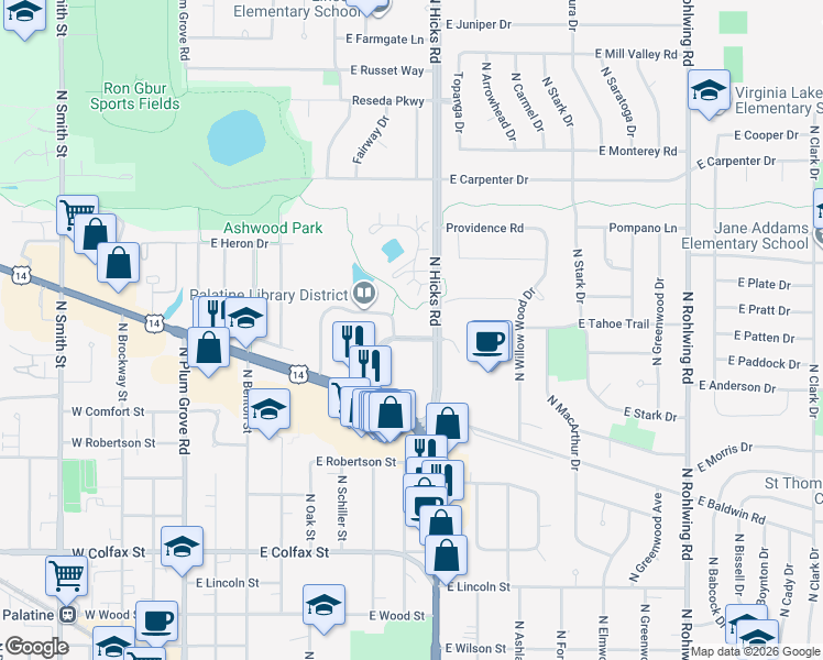 map of restaurants, bars, coffee shops, grocery stores, and more near 640 North 1st Bank Drive in Palatine