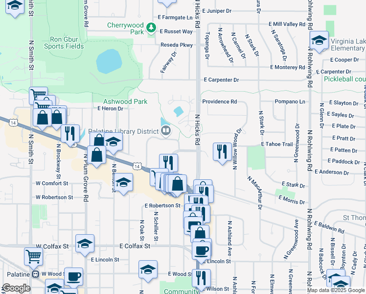 map of restaurants, bars, coffee shops, grocery stores, and more near 640 North 1st Bank Drive in Palatine