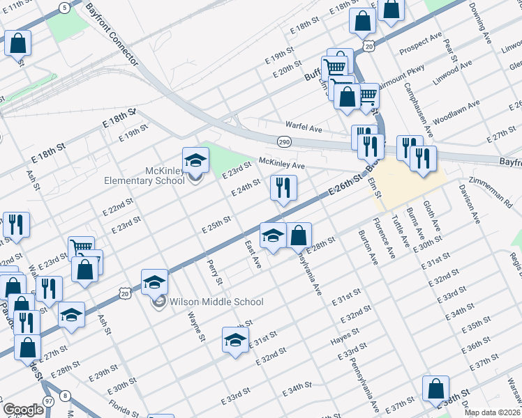 map of restaurants, bars, coffee shops, grocery stores, and more near 1039 East 25th Street in Erie