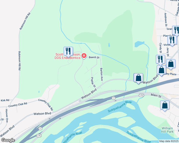 map of restaurants, bars, coffee shops, grocery stores, and more near 14 Oak Street in Johnson City