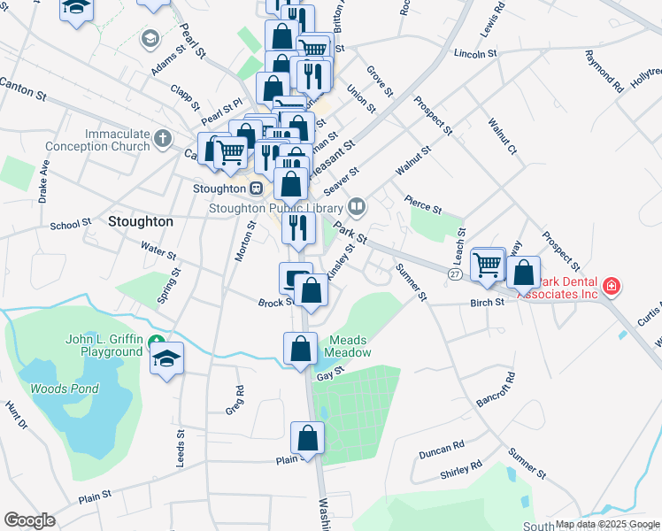 map of restaurants, bars, coffee shops, grocery stores, and more near 49 Kinsley Street in Stoughton