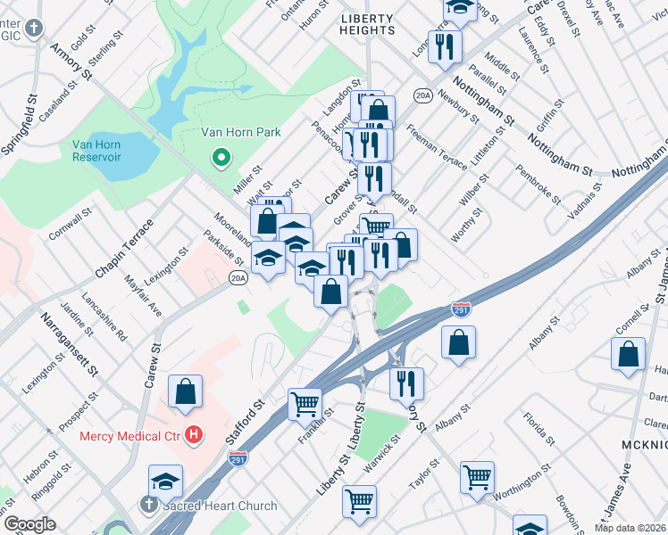 map of restaurants, bars, coffee shops, grocery stores, and more near 25 Cleveland Street in Springfield