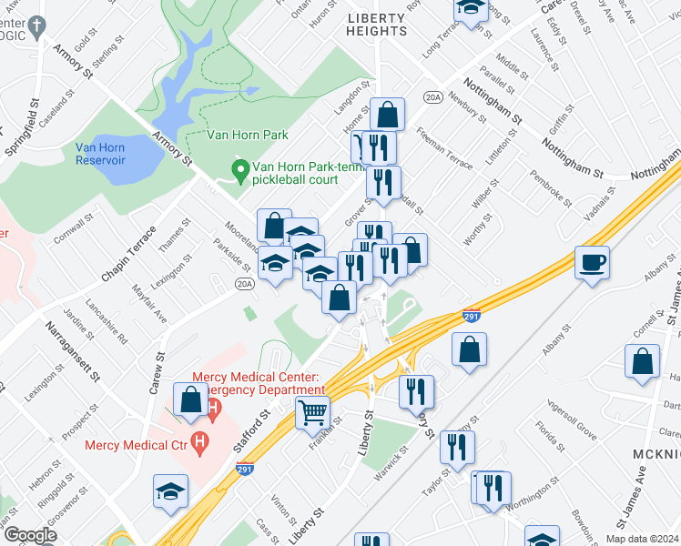 map of restaurants, bars, coffee shops, grocery stores, and more near 25 Cleveland Street in Springfield