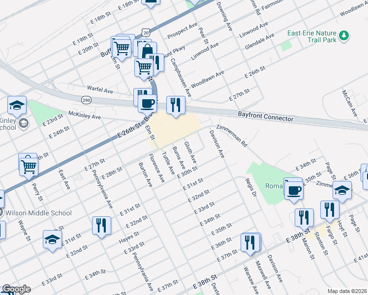 map of restaurants, bars, coffee shops, grocery stores, and more near 2813 Gloth Avenue in Erie