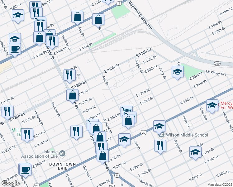 map of restaurants, bars, coffee shops, grocery stores, and more near 622 East 21st Street in Erie