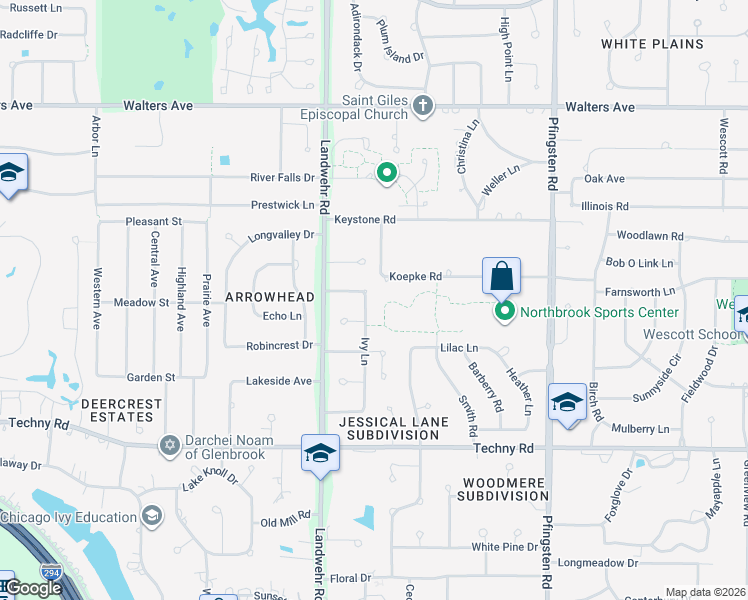 map of restaurants, bars, coffee shops, grocery stores, and more near 1707 Ivy Lane in Northbrook