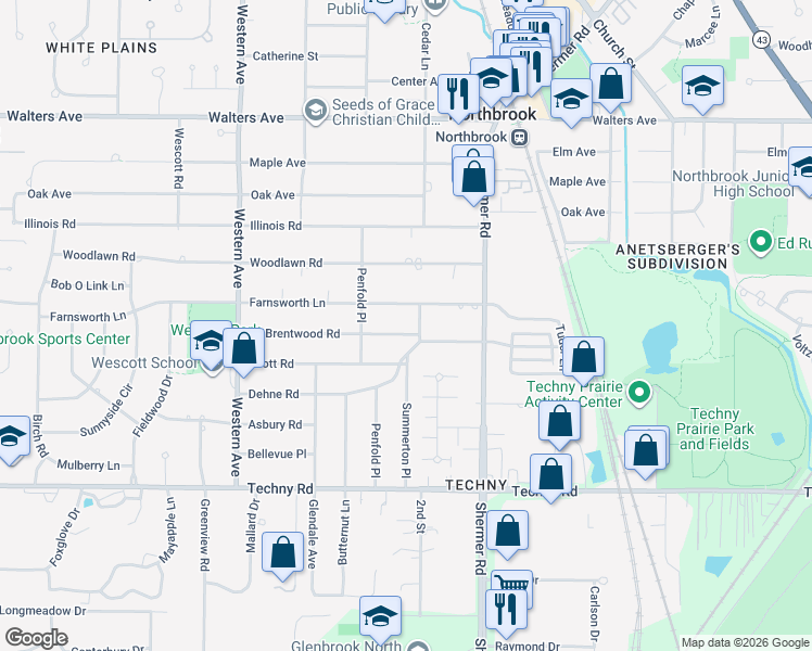 map of restaurants, bars, coffee shops, grocery stores, and more near 2112 Brentwood Road in Northbrook