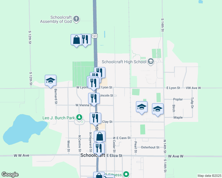 map of restaurants, bars, coffee shops, grocery stores, and more near 272 East Lyons Street in Schoolcraft