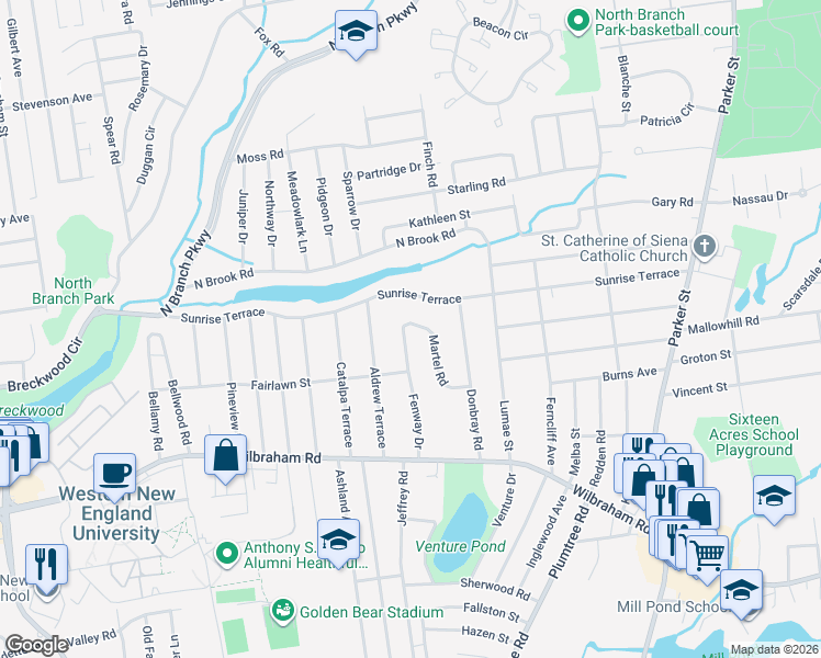 map of restaurants, bars, coffee shops, grocery stores, and more near 100 Martel Road in Springfield