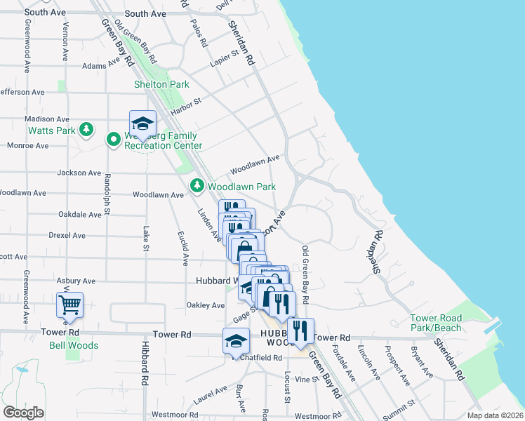 map of restaurants, bars, coffee shops, grocery stores, and more near 96 Glenwood Avenue in Winnetka