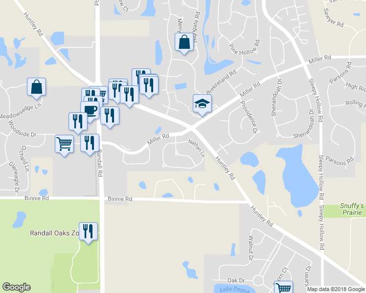 map of restaurants, bars, coffee shops, grocery stores, and more near 7072 Nathan Lane in Carpentersville