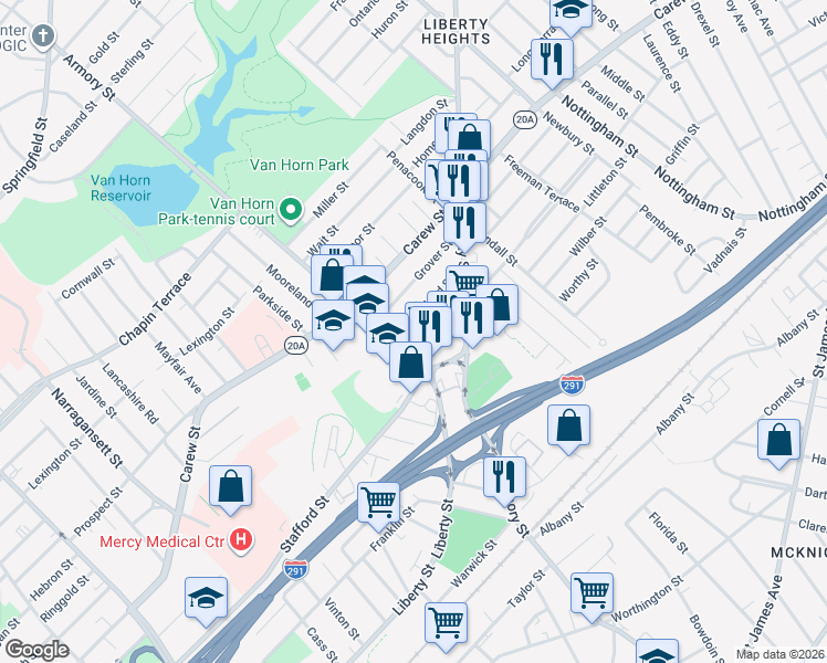 map of restaurants, bars, coffee shops, grocery stores, and more near 25 Cleveland Street in Springfield