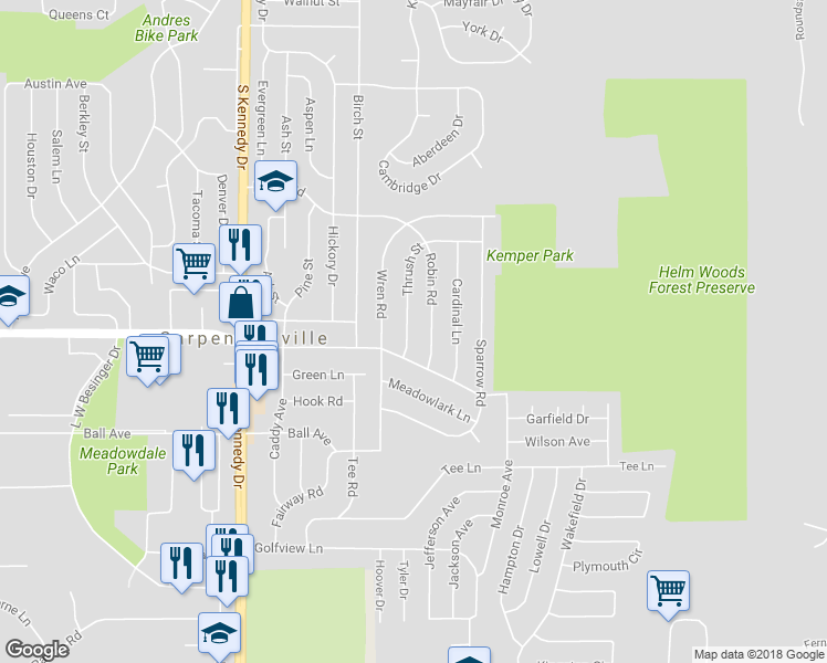 map of restaurants, bars, coffee shops, grocery stores, and more near 7 Thrush Street in Carpentersville