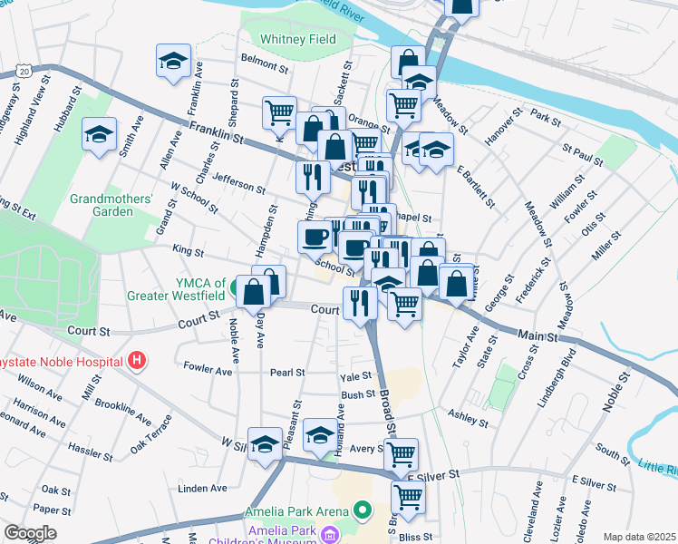 map of restaurants, bars, coffee shops, grocery stores, and more near 7 School Street in Westfield