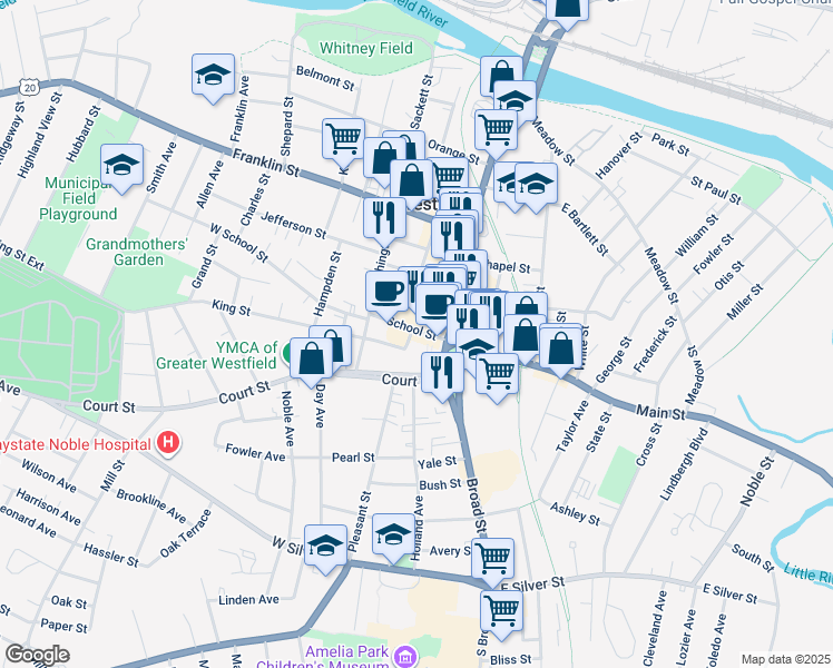 map of restaurants, bars, coffee shops, grocery stores, and more near 7 School Street in Westfield