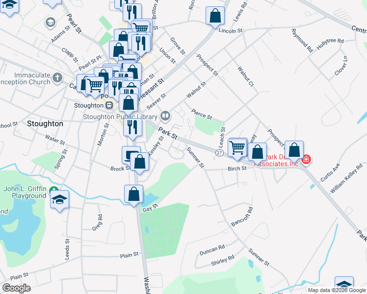 map of restaurants, bars, coffee shops, grocery stores, and more near 15 Manor Drive in Stoughton