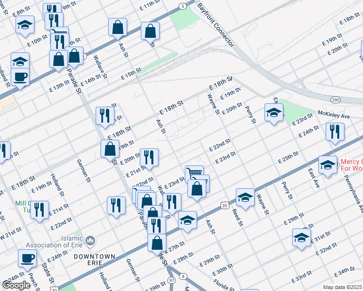 map of restaurants, bars, coffee shops, grocery stores, and more near 622 East 21st Street in Erie