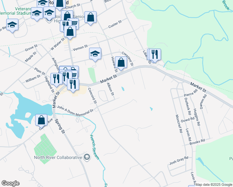 map of restaurants, bars, coffee shops, grocery stores, and more near 58 Albion Street in Rockland