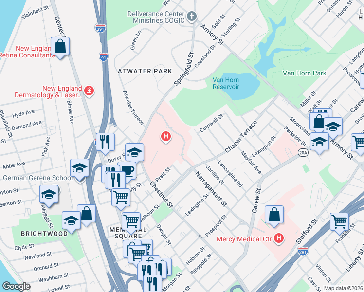 map of restaurants, bars, coffee shops, grocery stores, and more near 2 Medical Center Drive in Springfield
