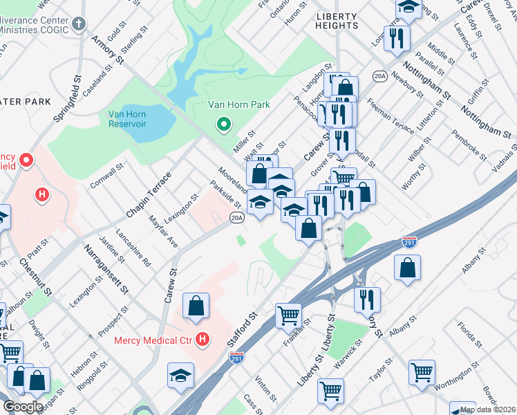 map of restaurants, bars, coffee shops, grocery stores, and more near 573 Carew Street in Springfield