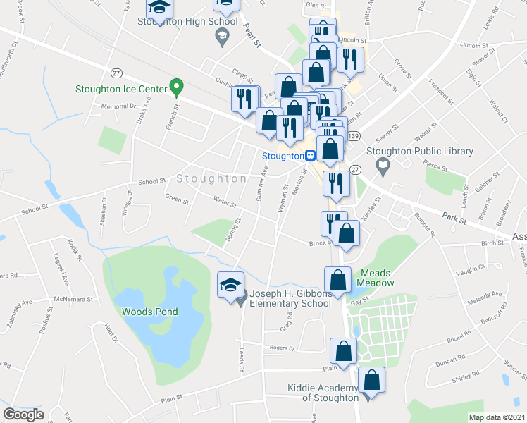 map of restaurants, bars, coffee shops, grocery stores, and more near 27 Water Street in Stoughton