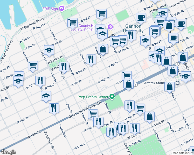 map of restaurants, bars, coffee shops, grocery stores, and more near 550 West 10th Street in Erie