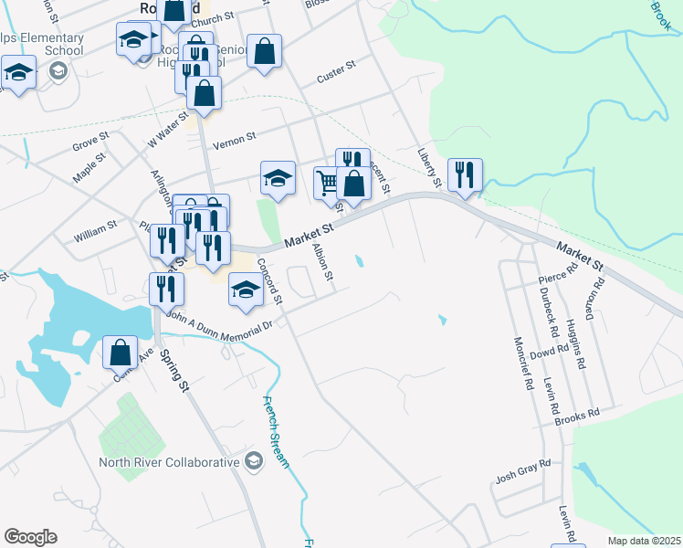 map of restaurants, bars, coffee shops, grocery stores, and more near 58 Albion Street in Rockland
