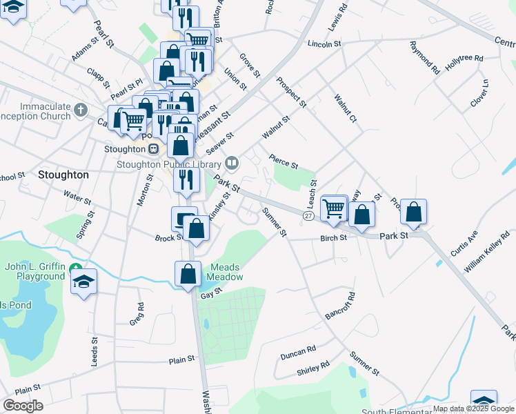 map of restaurants, bars, coffee shops, grocery stores, and more near 15 Manor Drive in Stoughton