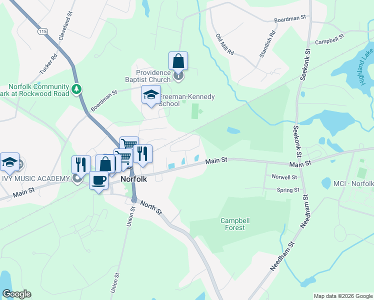 map of restaurants, bars, coffee shops, grocery stores, and more near 106 Main Street in Norfolk
