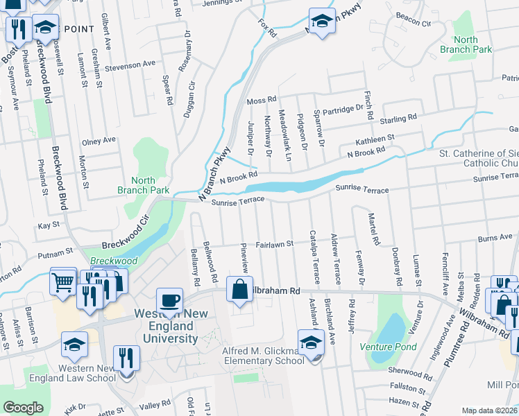 map of restaurants, bars, coffee shops, grocery stores, and more near 133 Denwall Drive in Springfield