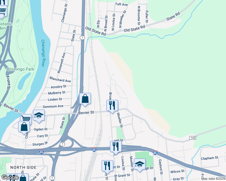 map of restaurants, bars, coffee shops, grocery stores, and more near Academie Drive in Binghamton