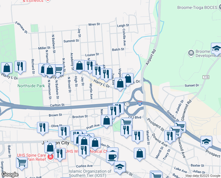 map of restaurants, bars, coffee shops, grocery stores, and more near 104 Harry L Drive in Johnson City