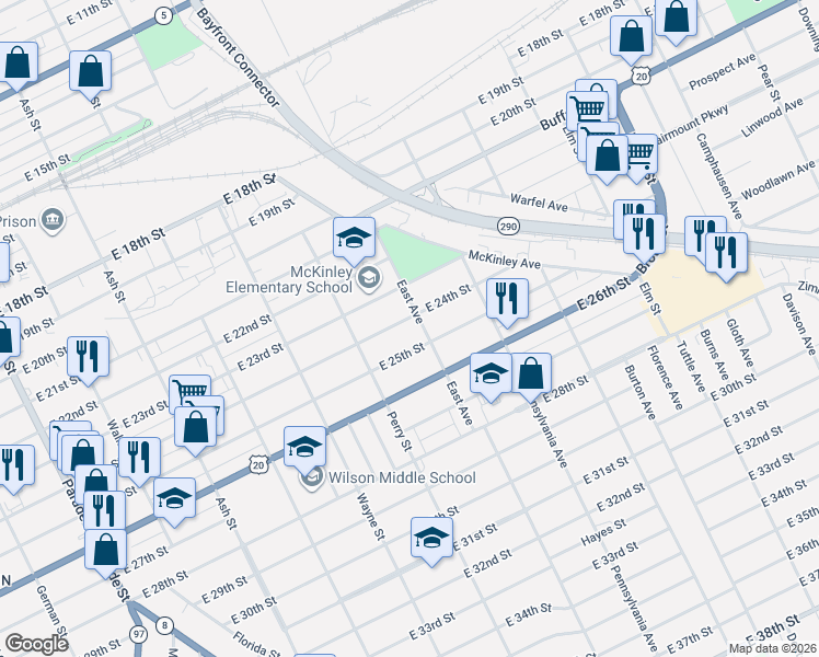 map of restaurants, bars, coffee shops, grocery stores, and more near 938 E 24th St in Erie