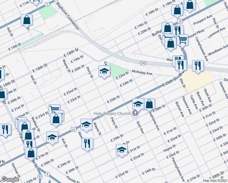 map of restaurants, bars, coffee shops, grocery stores, and more near 938 E 24th St in Erie
