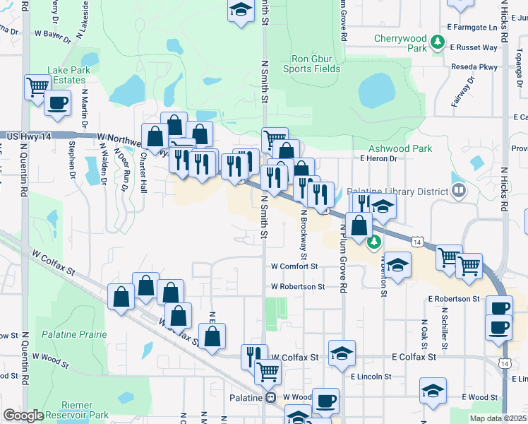 map of restaurants, bars, coffee shops, grocery stores, and more near 571 North Smith Street in Palatine