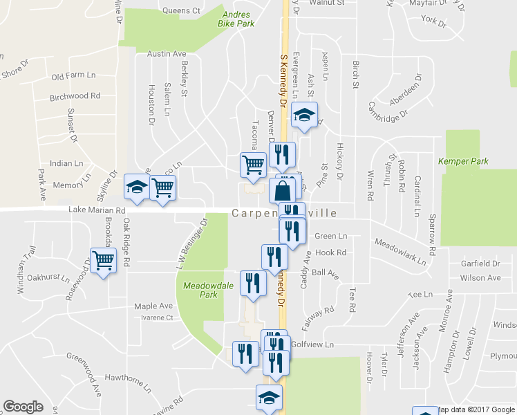 map of restaurants, bars, coffee shops, grocery stores, and more near 568 Lake Marian Road in Carpentersville