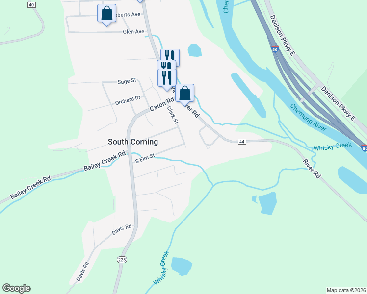 map of restaurants, bars, coffee shops, grocery stores, and more near 38 South Elm Street in South Corning