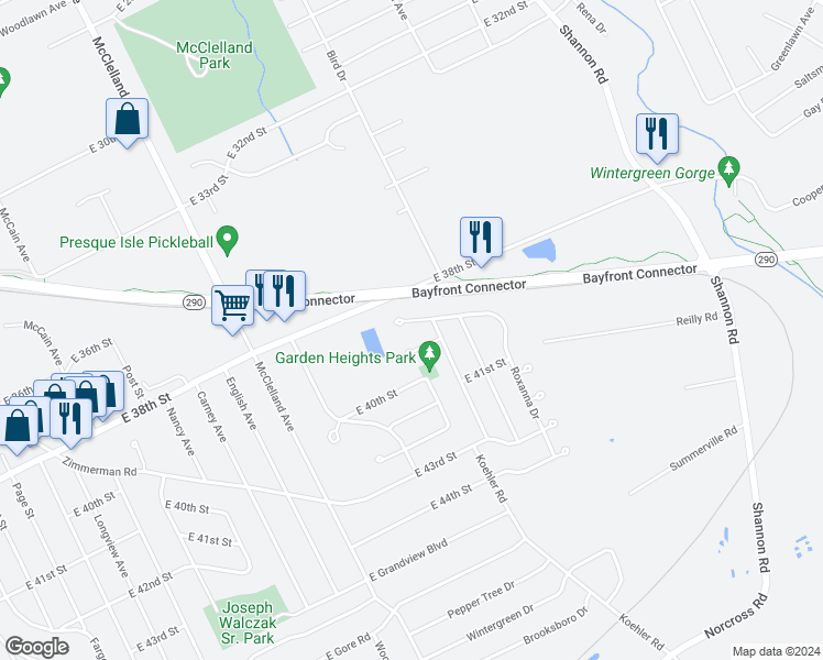 map of restaurants, bars, coffee shops, grocery stores, and more near 2543 Hope Drive in Erie