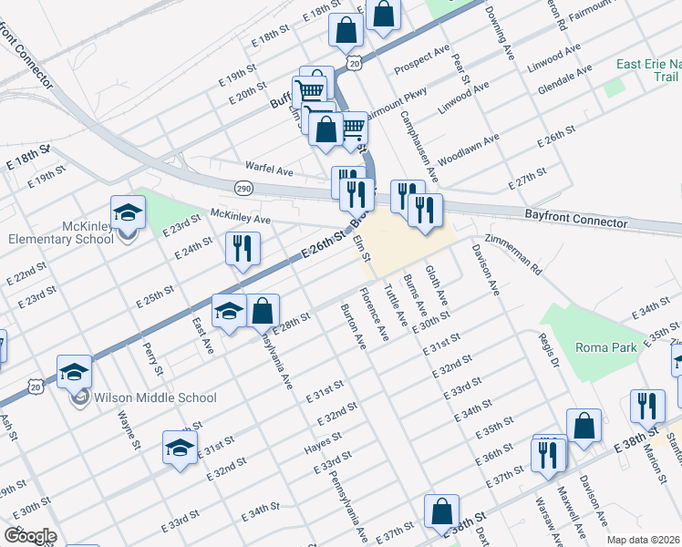 map of restaurants, bars, coffee shops, grocery stores, and more near 1249 East 27th Street in Erie