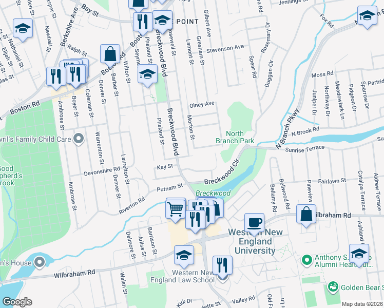 map of restaurants, bars, coffee shops, grocery stores, and more near 335 Rosewell Street in Springfield