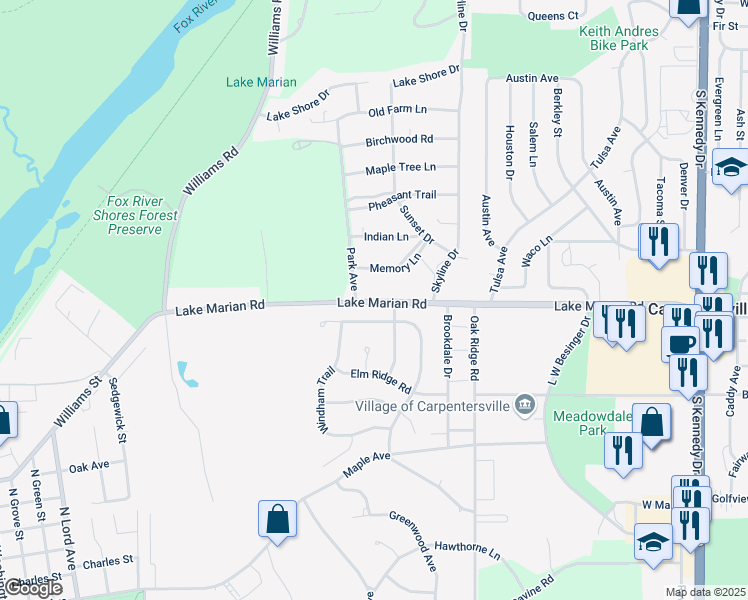 map of restaurants, bars, coffee shops, grocery stores, and more near 116 Lake Marian Road in Carpentersville