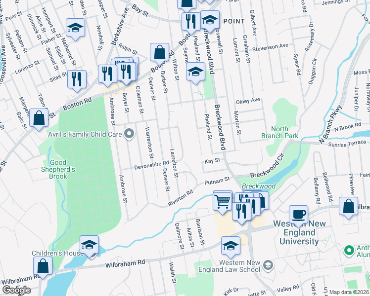 map of restaurants, bars, coffee shops, grocery stores, and more near 81 Larchmont Street in Springfield