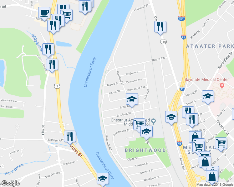 map of restaurants, bars, coffee shops, grocery stores, and more near 27 Laurel Street in Springfield