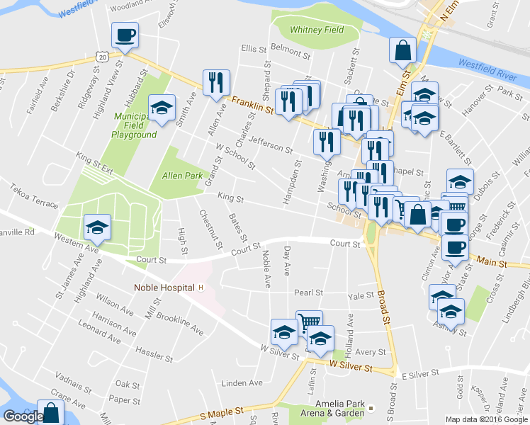 map of restaurants, bars, coffee shops, grocery stores, and more near 28 King St in Westfield
